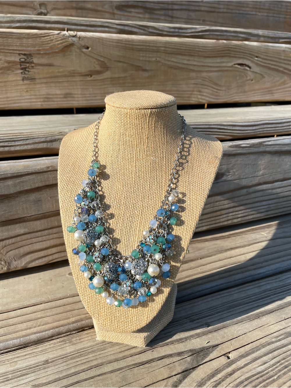 New York & Company Silver Multi-Strand Blue, Teal & White Bead Necklace